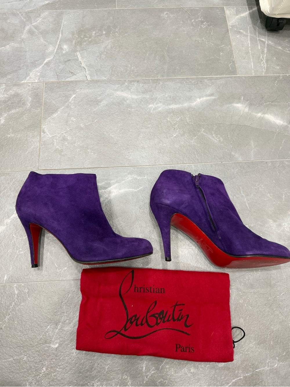 Christian Louboutin Purple Suede Ankle Booties with Red Sole